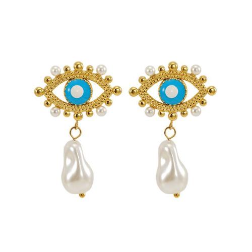 Stainless Steel Drop Earring, 304 Stainless Steel, with Plastic Pearl, 18K gold plated, for woman & enamel & hollow, Sold By Pair