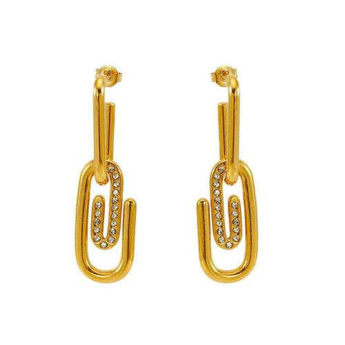Stainless Steel Drop Earring, 304 Stainless Steel, 18K gold plated, for woman & with rhinestone & hollow, Sold By Pair