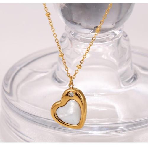 Titanium Steel Necklace, with White Shell, Heart, gold color plated, fashion jewelry & with rhinestone, golden, Sold By PC