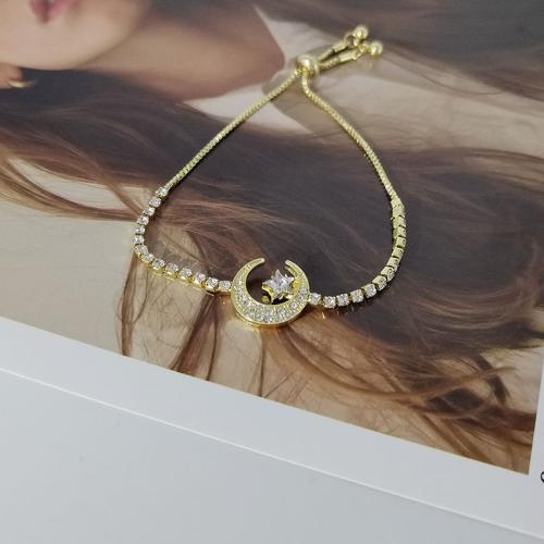 Tibetan Style Bracelet, Moon and Star, gold color plated, micro pave cubic zirconia & for woman, Length:Approx 8.7 Inch, Sold By PC