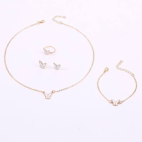 Tibetan Style Jewelry Set, Stud Earring & finger ring & bracelet & necklace, Butterfly, gold color plated, 4 pieces & for woman & enamel, more colors for choice, necklace length 20inch, bracelet length 8.7inch, US Ring Size:6-8, Sold By Set