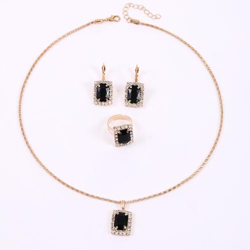 Tibetan Style Jewelry Set, finger ring & earring & necklace, Geometrical Pattern, gold color plated, three pieces & for woman & with rhinestone, more colors for choice, necklace length 19.7inch, US Ring Size:6-8, Sold By Set