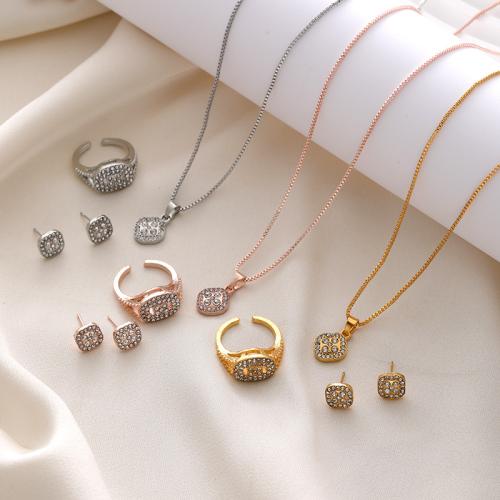 Tibetan Style Jewelry Set, Stud Earring & finger ring & necklace, Geometrical Pattern, plated, three pieces & for woman & with rhinestone, more colors for choice, necklace length 18.9inch, US Ring Size:6-8, Sold By Set