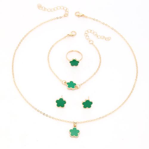 Tibetan Style Jewelry Set, Stud Earring & finger ring & bracelet & necklace, Flower, gold color plated, 4 pieces & for woman & enamel, more colors for choice, necklace length 18.9inch, bracelet length 8.7inch, US Ring Size:6-8, Sold By Set