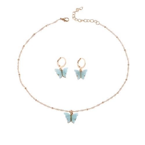 Tibetan Style Jewelry Set, earring & necklace, with Acrylic, Butterfly, gold color plated, 2 pieces & for woman, more colors for choice, necklace length 20inch, Sold By Set