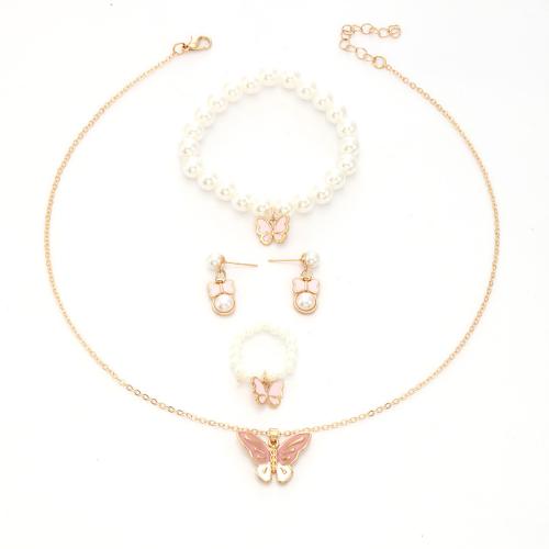Tibetan Style Jewelry Set, finger ring & bracelet & earring & necklace, with Plastic Pearl, Butterfly, gold color plated, 4 pieces & for woman & enamel, more colors for choice, necklace length 18.9inch, bracelet 7inch, US Ring Size:7, Sold By Set