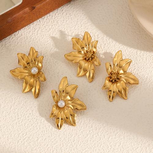 Stainless Steel Stud Earrings, 304 Stainless Steel, with Plastic Pearl, gold color plated, fashion jewelry, more colors for choice, Sold By Pair