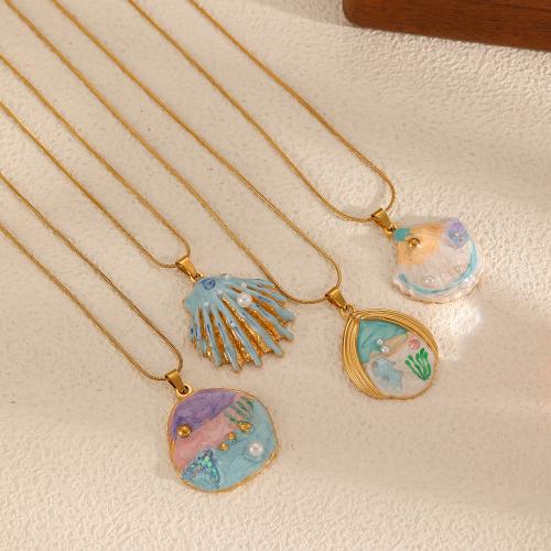 Stainless Steel Jewelry Necklace, 304 Stainless Steel, with Plastic Pearl, gold color plated, fashion jewelry & enamel, more colors for choice, Sold By PC