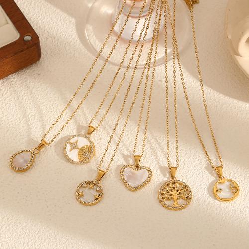 Stainless Steel Jewelry Necklace, 304 Stainless Steel, with Shell, gold color plated, fashion jewelry & with rhinestone, more colors for choice, Sold By PC