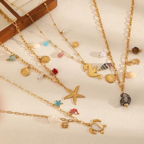 Stainless Steel Jewelry Necklace, 304 Stainless Steel, with Shell & Plastic Pearl, gold color plated, fashion jewelry, more colors for choice, Sold By PC
