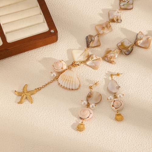 Fashion Stainless Steel Jewelry Sets, 304 Stainless Steel, with Shell & Plastic Pearl, gold color plated, fashion jewelry, more colors for choice, Sold By PC