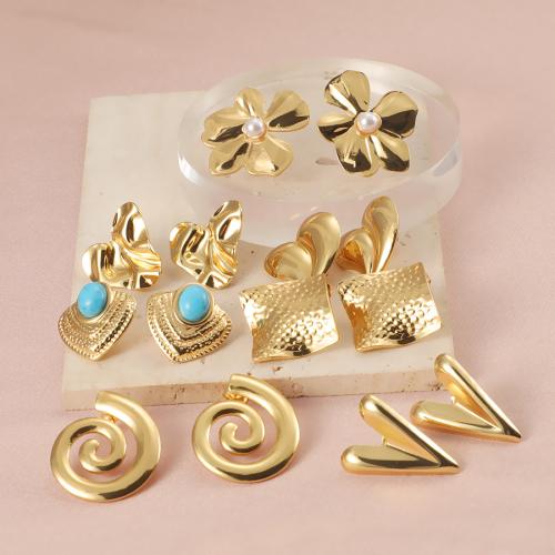 Stainless Steel Stud Earrings, 304 Stainless Steel, with turquoise & Plastic Pearl, gold color plated, different styles for choice & for woman, more colors for choice, Sold By Pair