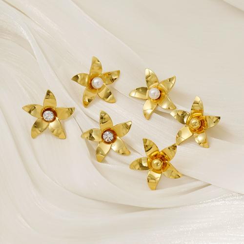 Stainless Steel Stud Earrings, 304 Stainless Steel, with Plastic Pearl, Flower, 18K gold plated, fashion jewelry & different materials for choice & for woman, Sold By Pair