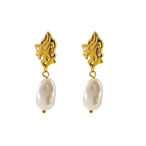 Stainless Steel Drop Earring, 304 Stainless Steel, with Plastic Pearl, 18K gold plated, fashion jewelry & for woman, Sold By Pair