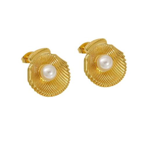 Stainless Steel Stud Earrings, 304 Stainless Steel, with Plastic Pearl, 18K gold plated, fashion jewelry & for woman, Sold By Pair