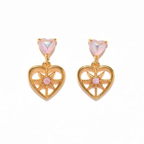 Brass Drop Earring, with Plastic Pearl, Heart, gold color plated, for woman & with rhinestone & hollow, 11x13mm, Sold By Pair