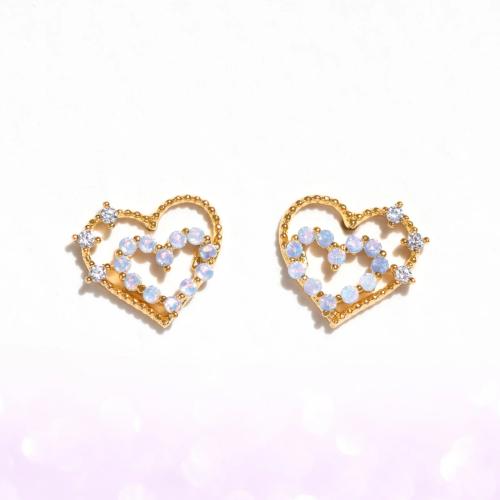 Brass Stud Earring, with Opal, Heart, gold color plated, for woman & with rhinestone & hollow, 13x11mm, Sold By Pair