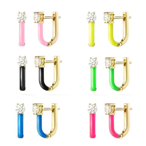 Brass Lever Back Earring, Letter U, gold color plated, for woman & enamel & with rhinestone, more colors for choice, 13x15mm, Sold By Pair