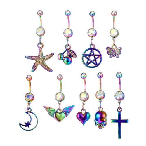 316 Stainless Steel Belly Ring, plated, Unisex & different styles for choice & with rhinestone, multi-colored, belly ring length 50-80mm, Sold By PC