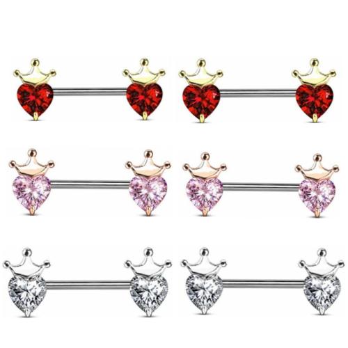 Acier inoxydable 304 anneau de mamelon, coeur, Placage, pavé de micro zircon & pour femme, plus de couleurs à choisir, nipple ring length 11-15mm, Vendu par PC