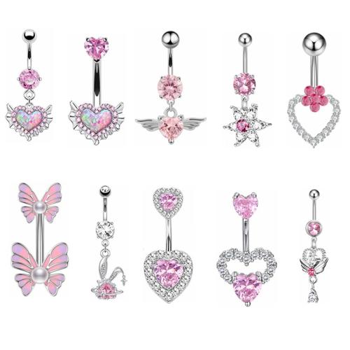 304 Edelstahl Bauchnabelpiercing, mit Kunststoff Perlen, plattiert, unisex & verschiedene Stile für Wahl & Micro pave Zirkonia, belly ring length 11-50mm, verkauft von PC