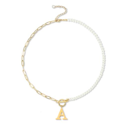 304 Stainless Steel Necklace, with Plastic Pearl, Alphabet Letter, gold color plated, different styles for choice & for woman, Length:Approx 16-20 Inch, Sold By PC