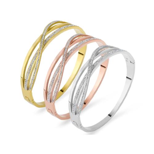 Titanium Steel Bangle, plated, multilayer & for woman & with rhinestone & hollow, more colors for choice, Inner Diameter:Approx 60mm, Sold By PC