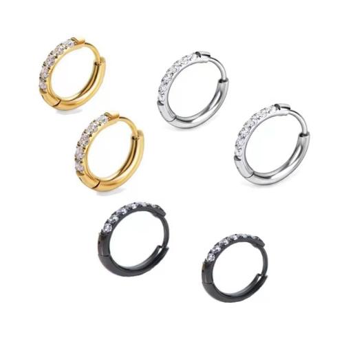304 Stainless Steel Huggie Hoop Earring, plated, for woman & with rhinestone, more colors for choice, 12mm, Sold By PC