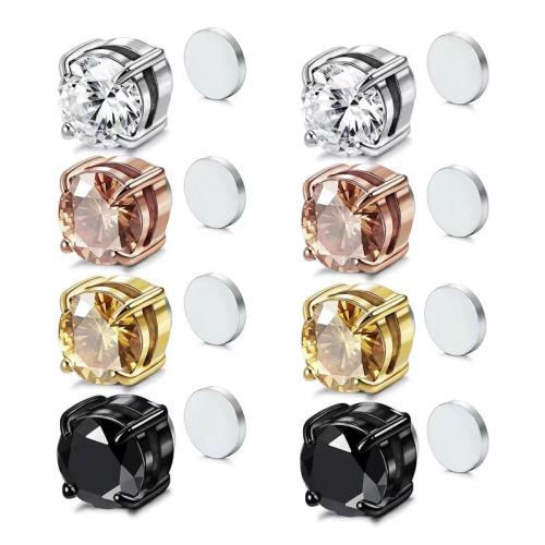 304 Stainless Steel Magnetic Stud Earring, Round, plated, Unisex & micro pave cubic zirconia, more colors for choice, Sold By PC