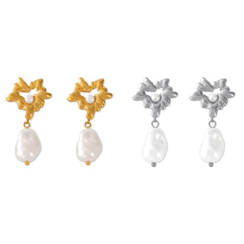 Titanium Steel  Earring, with Plastic Pearl, plated, fashion jewelry & for woman & hollow, more colors for choice, Sold By Pair
