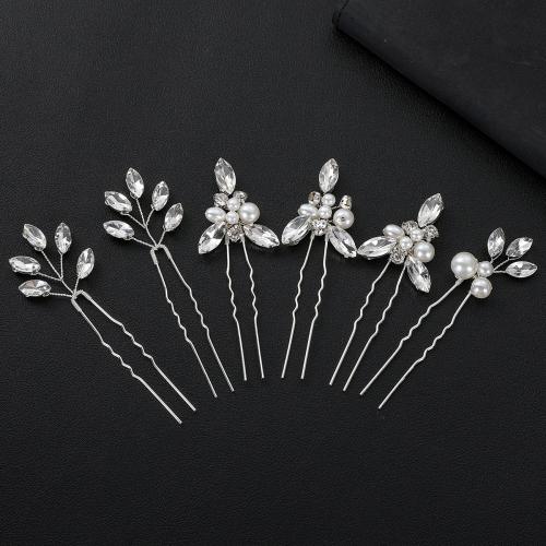 Bridal Hair Pins, Tibetan Style, with brass wire & Crystal & Plastic Pearl, handmade, 6 pieces & fashion jewelry & for woman, silver color, Sold By Set