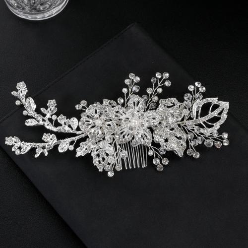 Decorative Hair Combs, Tibetan Style, with brass wire & Crystal & Plastic Pearl, handmade, fashion jewelry & for woman & with rhinestone, silver color, Sold By PC