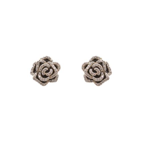 Tibetan Style Stud Earring, Flower, gold color plated, fashion jewelry & for woman & with rhinestone, 12x12mm, Sold By Pair