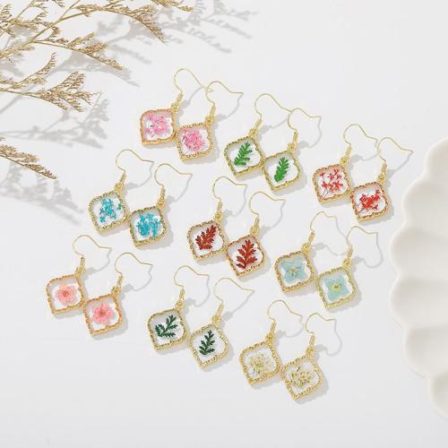 Plastic Drop Earring, with Dried Flower & Tibetan Style, Geometrical Pattern, epoxy gel, fashion jewelry & for woman, more colors for choice, 18x30mm, Sold By Pair