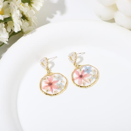 Resin Drop Earring, with Dried Flower & Tibetan Style, Flat Round, fashion jewelry & transparent & for woman, 30mm, Sold By Pair