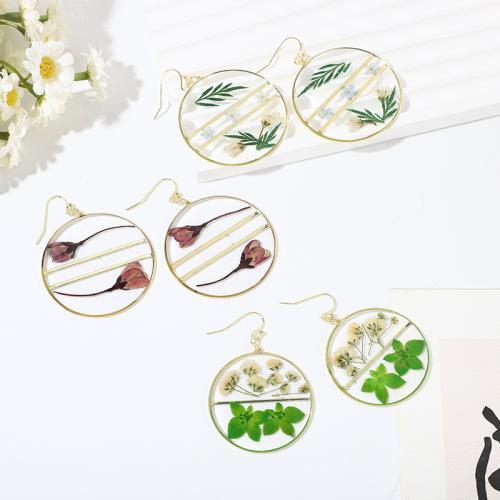 Resin Drop Earring, with Dried Flower & Tibetan Style, Flat Round, different styles for choice & for woman, 30mm, Sold By Pair