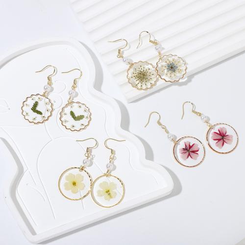 Resin Drop Earring, with Dried Flower & Tibetan Style, Flat Round, fashion jewelry & for woman, more colors for choice, 24x55mm, Sold By Pair
