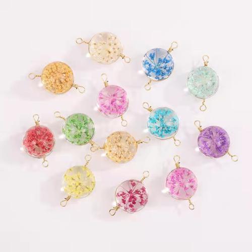 Glass Connector, with Dried Flower & Tibetan Style, Round, random style & DIY, mixed colors, 16mm, Sold By PC