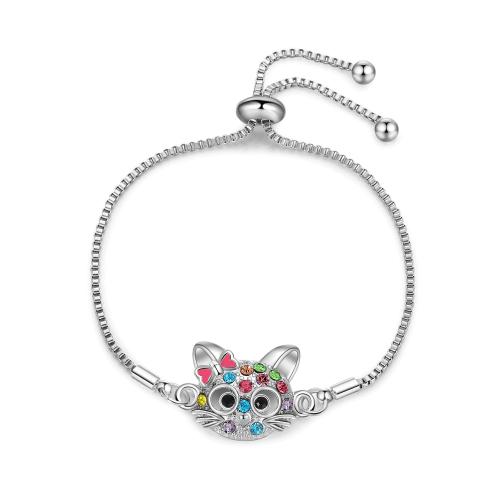 Tibetan Style Bracelet, Cat, plated, adjustable & box chain & for woman & with rhinestone, more colors for choice, Length:Approx 6-10 Inch, Sold By PC