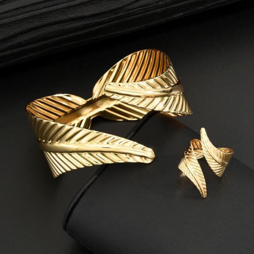 Tibetan Style Jewelry Sets, bangle & finger ring, Leaf, plated, 2 pieces & fashion jewelry & for woman, golden, Sold By Set