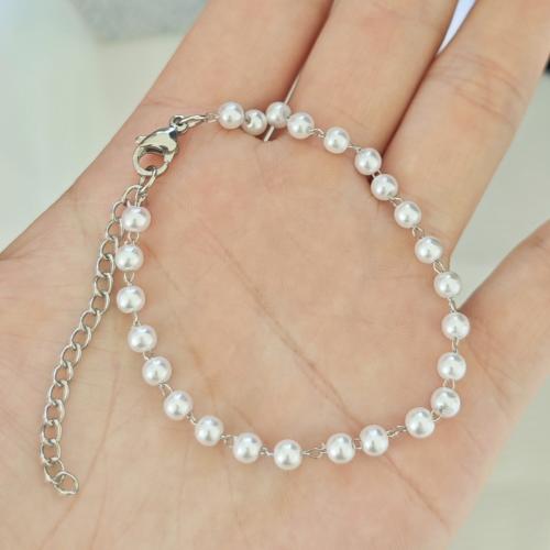 Stainless Steel Jewelry Bracelet, 304 Stainless Steel, with Plastic Pearl, gold color plated, fashion jewelry, silver color, Sold By PC