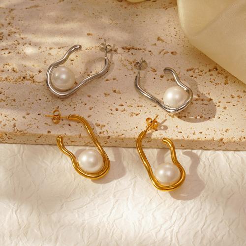 Stainless Steel Stud Earrings, 304 Stainless Steel, with Plastic Pearl, plated, for woman, more colors for choice, Sold By Pair