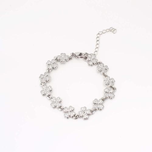 Brass Bracelet & Bangle, Flower, fashion jewelry & micro pave cubic zirconia & for woman, silver color, Sold By PC