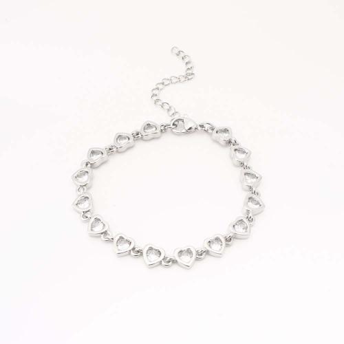 Brass Bracelet & Bangle, Heart, fashion jewelry & micro pave cubic zirconia & for woman, silver color, Sold By PC