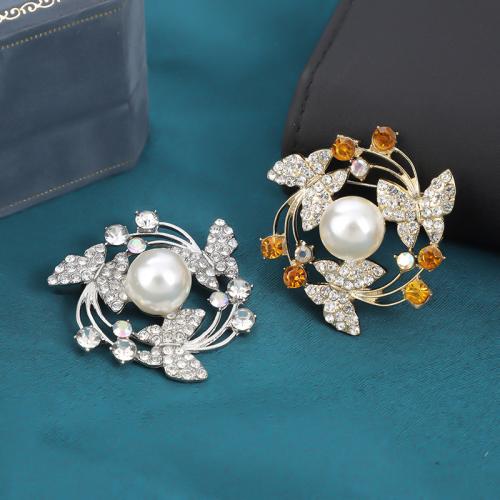 Tibetan Style Brooch, with Plastic Pearl, Flower, gold color plated, Unisex & with rhinestone, more colors for choice, 40x40mm, Sold By PC