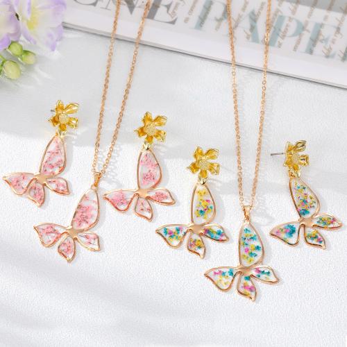 Zinklegierung Mode Schmuckset, mit Harz, Schmetterling, goldfarben plattiert, verschiedene Stile für Wahl & für Frau, necklace length 18inch, earring size 35x60mm, verkauft von PC