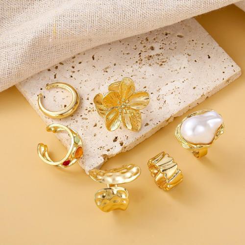 Tibetan Style Ring Set, with Crystal & Plastic Pearl, plated, 6 pieces & fashion jewelry & for woman, golden, Sold By Set