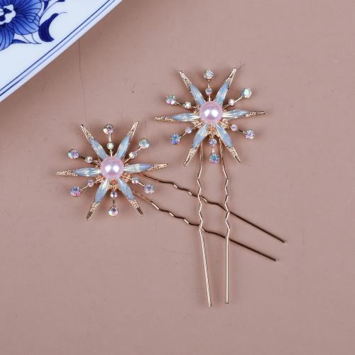 Bridal Hair Pins, Tibetan Style, with brass wire & Rhinestone & Plastic Pearl, handmade, 2 pieces & fashion jewelry & for woman, rose gold color, 80x35x10mm, Sold By Set
