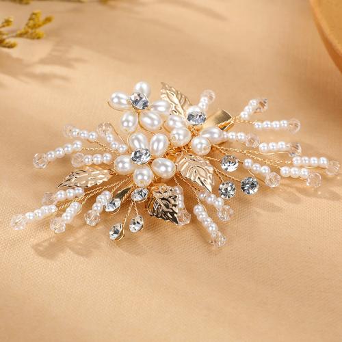Alligator Hair Clip, Tibetan Style, with brass wire & Crystal & Plastic Pearl, handmade, fashion jewelry & for woman, golden, 95x85x5mm, Sold By PC
