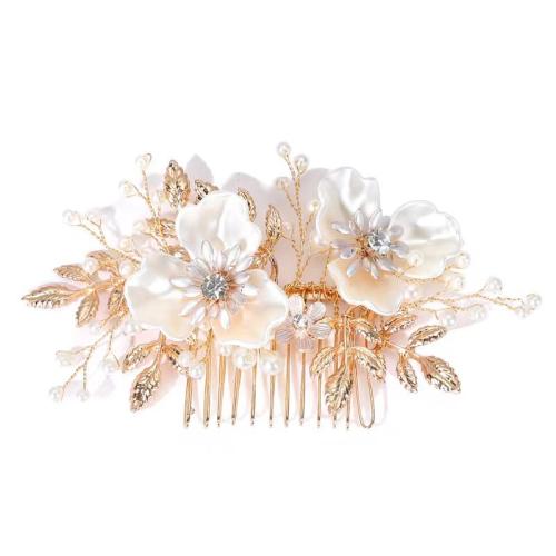Bridal Decorative Hair Comb, Tibetan Style, with brass wire & Polymer Clay & Plastic Pearl, handmade, fashion jewelry & for woman & with rhinestone, golden, 140x100x10mm, Sold By PC